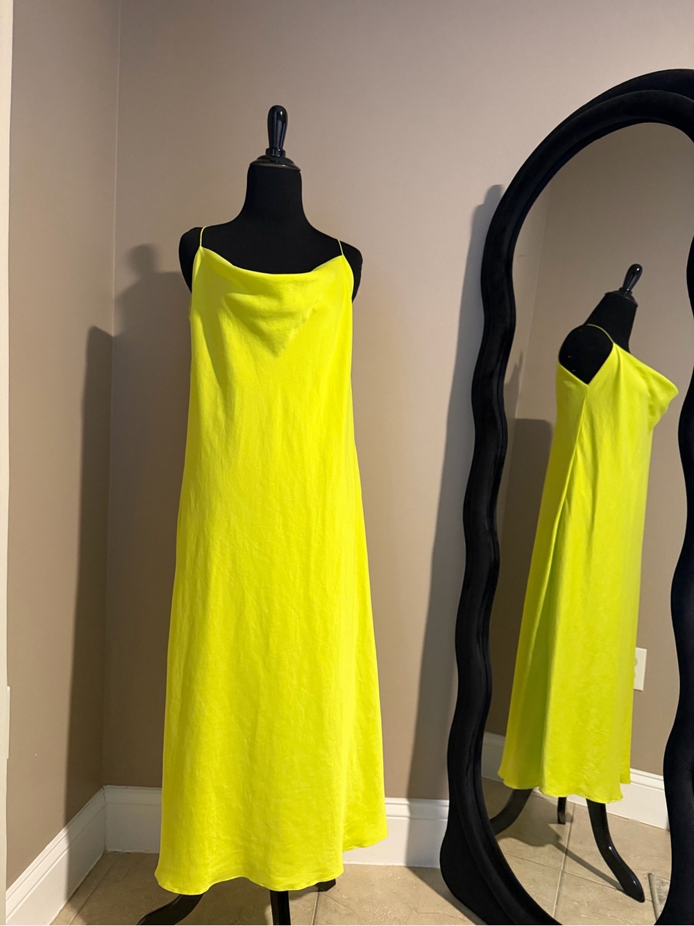 ANIMALE Neon Lime Yellow Silk Cowl Neck Maxi Slip Dress  Size US 6 (BR 40)